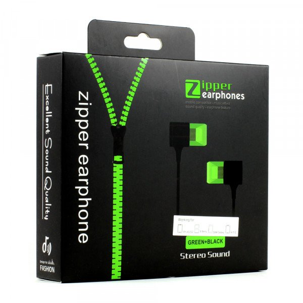 Wholesale Zipper Earphone Stereo Sound with Mic (Green)